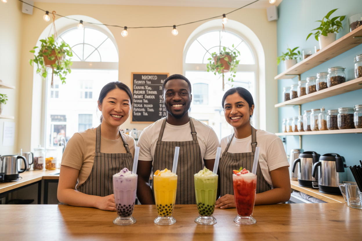 happy boba tea shop owners